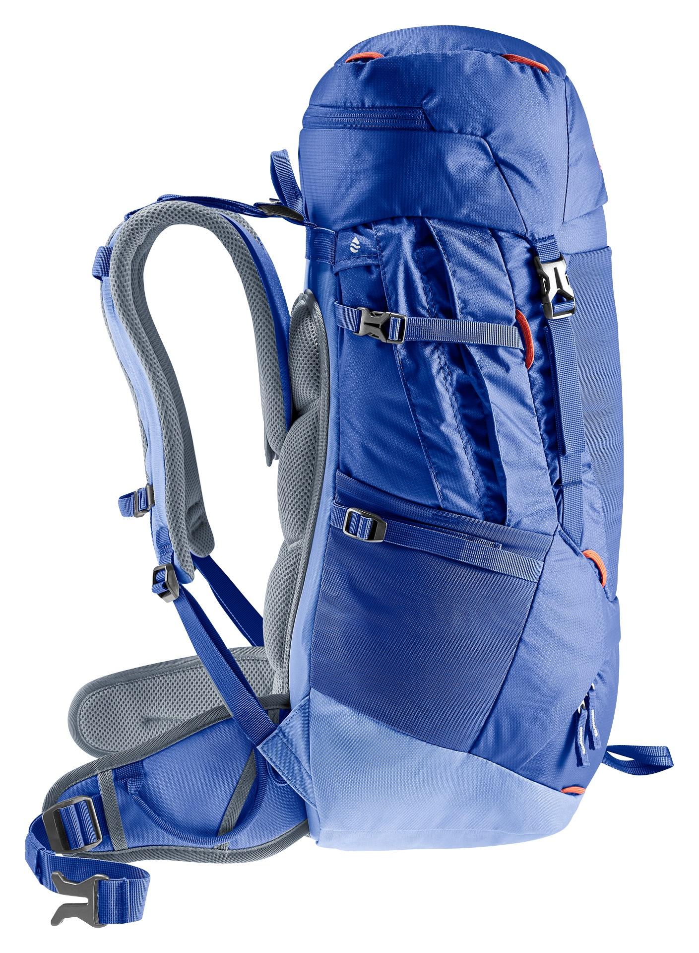 Deuter Fox 30 Indigo-Pacific.

príjemne čalúnené ergonomické ramenné popruhy s mäkkými hranami
skvele sediaci nastaviteľný bedrový pás s vreckom a pútkom
systém Pull-Forward na optimalizáciu a stabilizáciu neseného nákladu
popruhy na úpravu pozície ťažiska batoha
nastaviteľný hrudný popruh
uzatváranie batoha pomocou veka
vnútorné vrecko na cennosti pod vekom
strečové predné vrecko
postranné pružné vrecká
bočné kompresné popruhy
ďalší prístup do hlavnej komory spodným otvorom na zips
kompatibilný s vodným rezervoárom (až 3 l)
vnútorná priehradka na uloženie mokrého prádla
bočné vrecko na zips
úchyty na trekingové palice
pútka na veku a hornej časti batoha
SOS štítok
materiál bez PFAS

Ergonomicky tvarované chrbtové čalúnenie tesne prilieha na chrbát a optimálne rozkladá váhu nákladu.