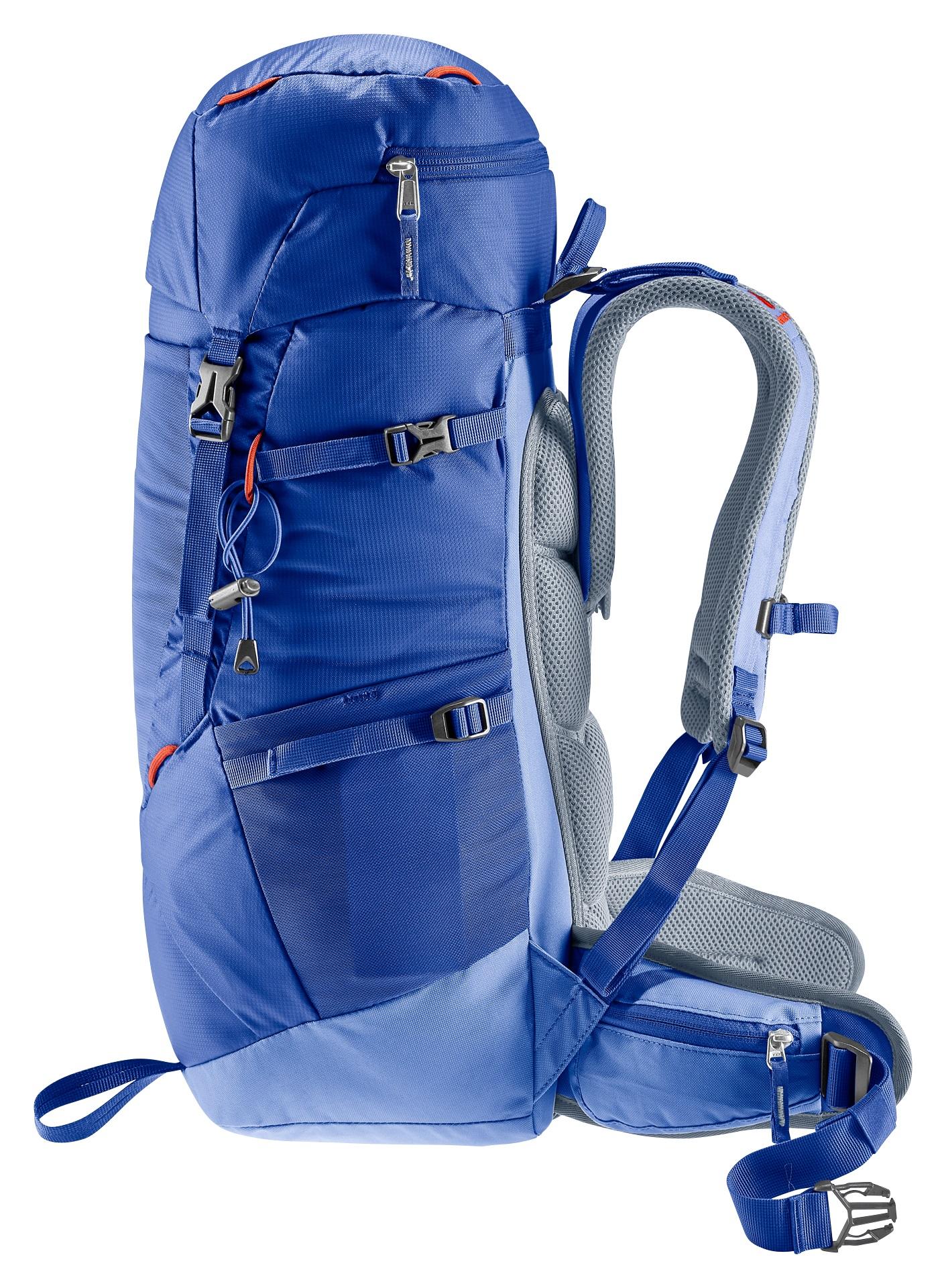 Deuter Fox 30 Indigo-Pacific.

príjemne čalúnené ergonomické ramenné popruhy s mäkkými hranami
skvele sediaci nastaviteľný bedrový pás s vreckom a pútkom
systém Pull-Forward na optimalizáciu a stabilizáciu neseného nákladu
popruhy na úpravu pozície ťažiska batoha
nastaviteľný hrudný popruh
uzatváranie batoha pomocou veka
vnútorné vrecko na cennosti pod vekom
strečové predné vrecko
postranné pružné vrecká
bočné kompresné popruhy
ďalší prístup do hlavnej komory spodným otvorom na zips
kompatibilný s vodným rezervoárom (až 3 l)
vnútorná priehradka na uloženie mokrého prádla
bočné vrecko na zips
úchyty na trekingové palice
pútka na veku a hornej časti batoha
SOS štítok
materiál bez PFAS

Ergonomicky tvarované chrbtové čalúnenie tesne prilieha na chrbát a optimálne rozkladá váhu nákladu.