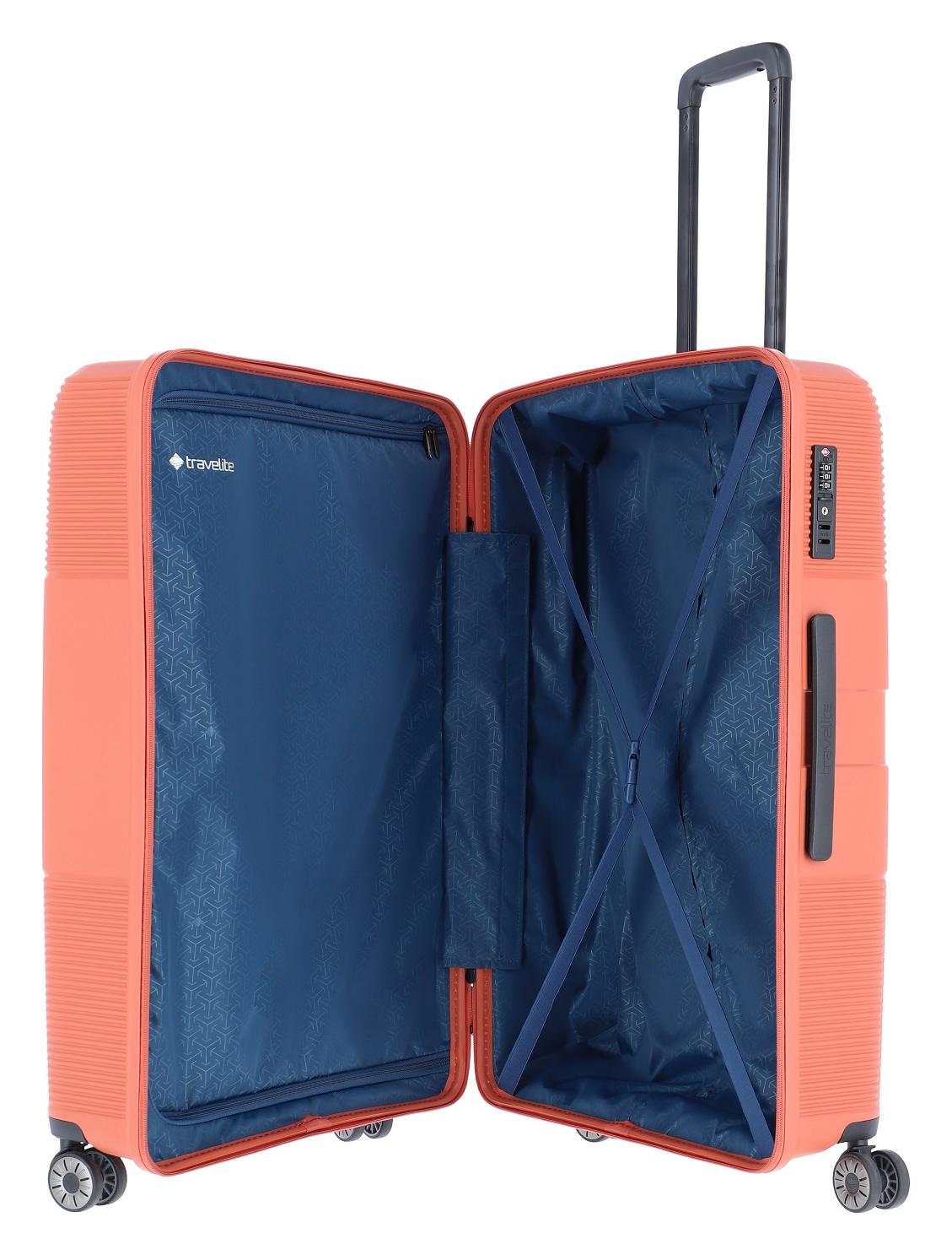 Veľký cestovný kufor Travelite Waal L Terracotta.

4 dvojité kolieska otočné o 360°
ľahká výsuvná rukoväť s aretáciou
integrovaný TSA zámok na bezproblémové cestovanie do USA, Kanady a ďalších krajín sveta
obojstranný systém balenia s deliacou priečkou na zips a elastickými popruhmi
povrch odolný voči poškrabaniu
horné a bočné madlo na komfortnú manipuláciu
odolná podšívka z recyklovaného polyesteru (rPET)
nárazuvzdorný polypropylén
predĺžená záruka 3 roky