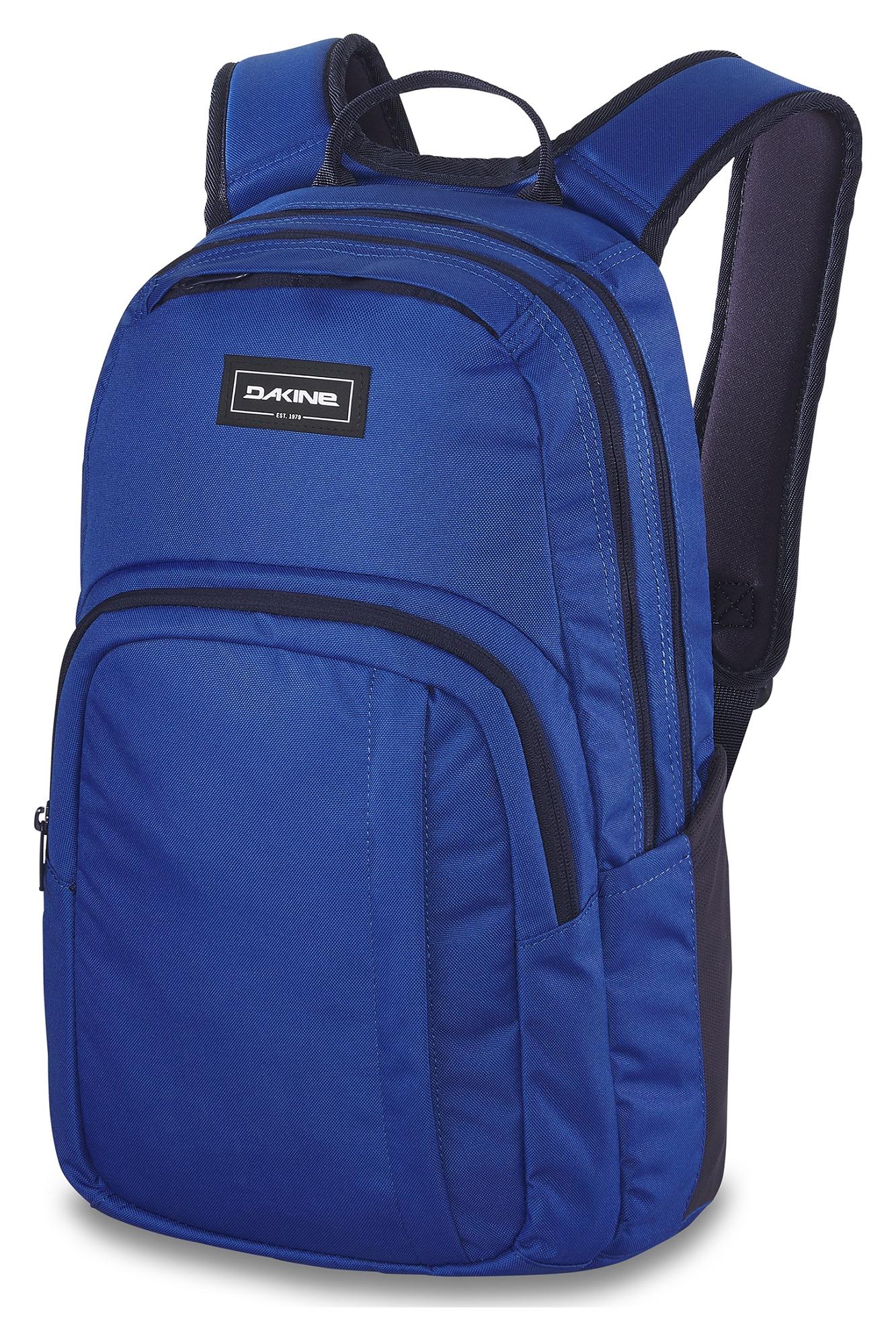 Dakine Campus M 25L Deep Blue.

čalúnený oddiel na 15'' notebook
chladiace vrecko na prednej strane batohu
predné vrecko s organizérom
vrecko s fleecovou podšívkou na slnečné okuliare
malé vrecko na prednom paneli s rýchlym prístupom
bočné vrecká na fľašu či dáždnik
nastaviteľný hrudný popruh
ergonomicky tvarovaný chrbtový panel a ramenné popruhy
spevnené dno