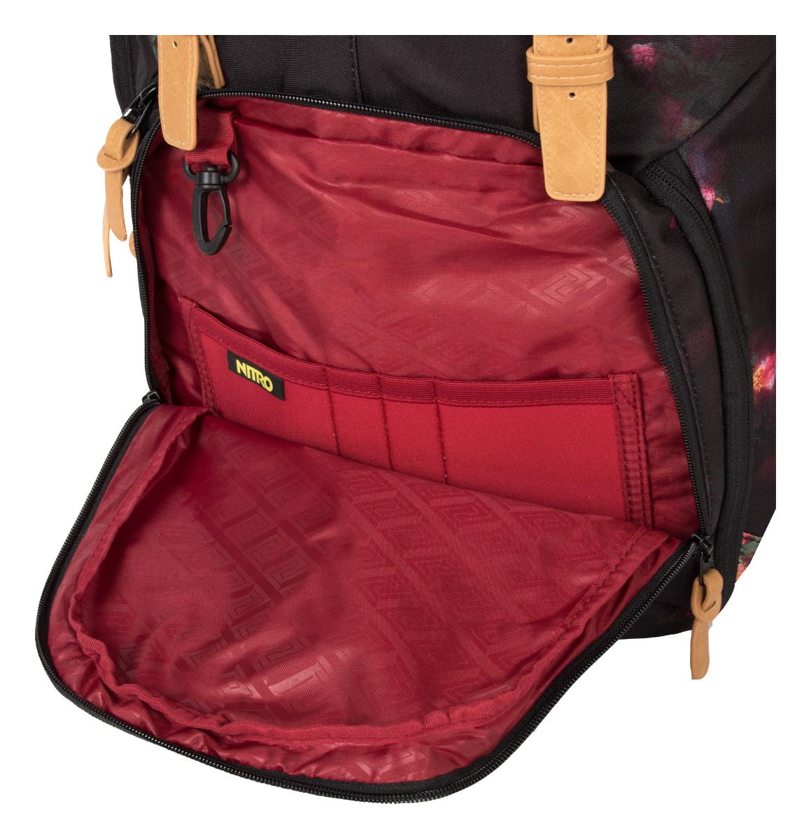 Nitro Weekender Black rose.

čalúnené vrecko na telefón alebo na okuliare
vrchné sieťované vrecko
čalúnené vnútorné vrecko na notebook veľkosti 15