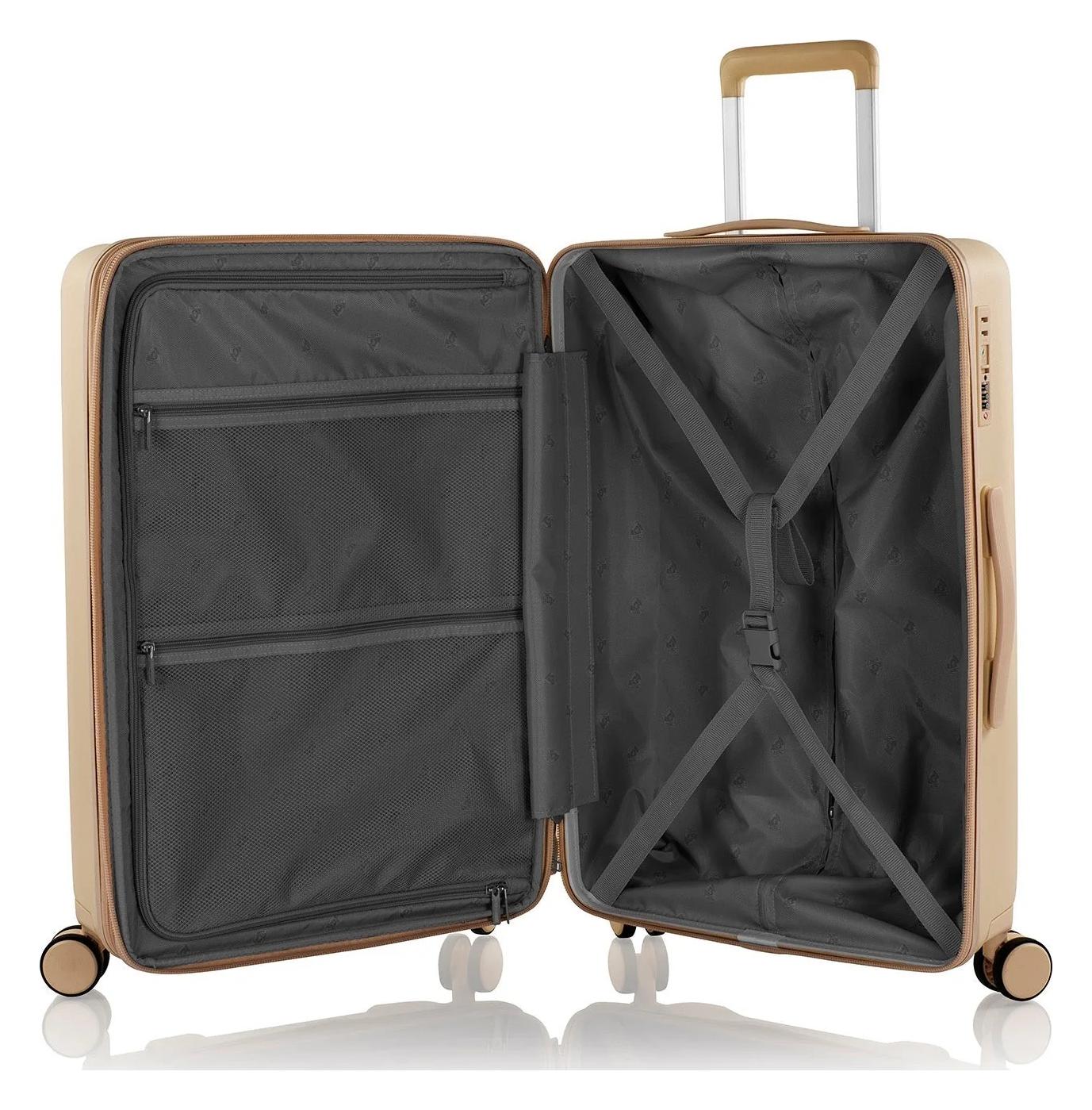 Stredný kufor na kolieskach Heys Pastel M Nude.

4 dvojkolieska otočné o 360°
výsuvná rukoväť z odľahčeného hliníka s aretáciou
integrovaný TSA zámok vnorený do škrupiny
expandér na navýšenie objemu o 20 %
obojstranný systém balenia s textilnou deliacou priečkou, vreckami a kompresnými popruhmi
horné a bočné držadlo s gélovou výplňou
škrupina z odolného polykarbonátu
jemná polyesterová podšívka
predĺžená záruka 5 rokov