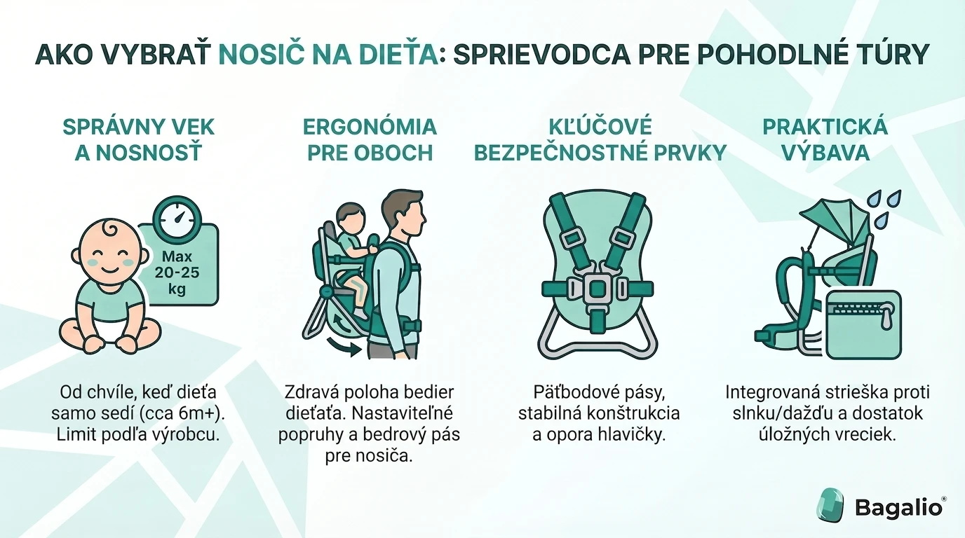 Infografika s tipmi, ako vybrať správne detské nosítko: typy nosičov, nastavenie popruhov a bezpečná poloha dieťaťa.