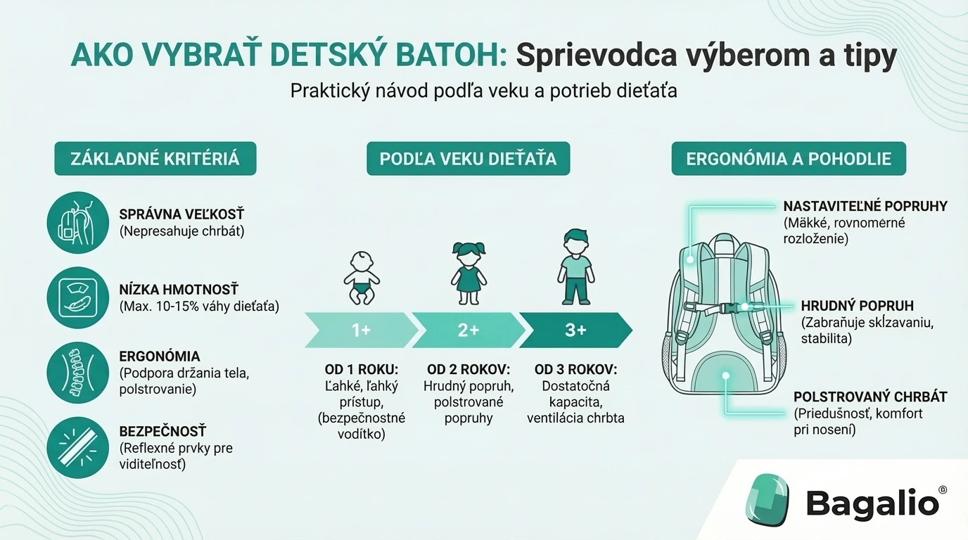 Infografika: Ako vybrať detský batoh podľa veku, ergonómie a bezpečnosti.