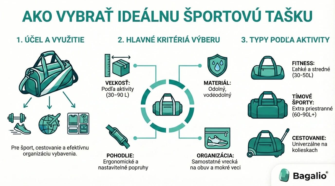 Infografika: Ako vybrať ideálnu športovú tašku podľa účelu, veľkosti a materiálu.
