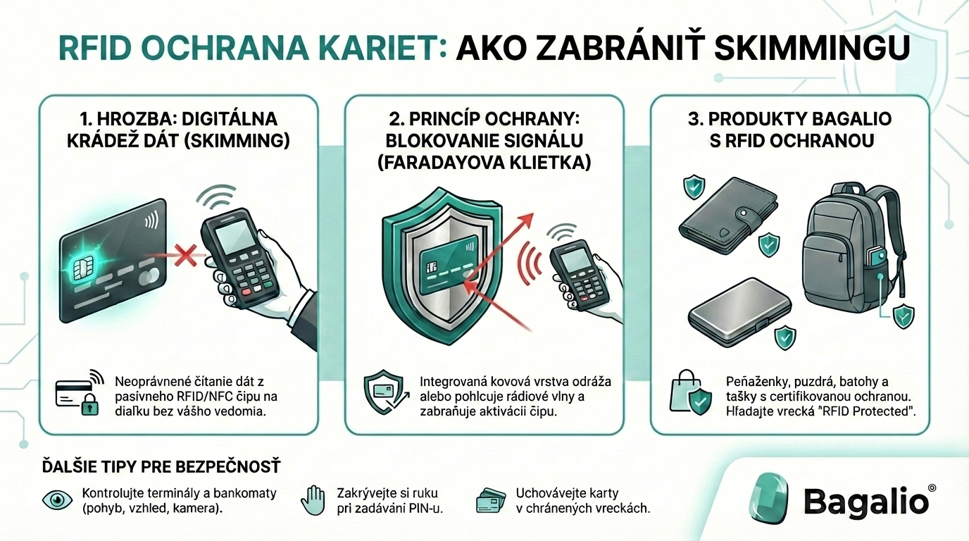Infografika o RFID ochrane kariet a prevencii skimmingu od značky Bagalio.