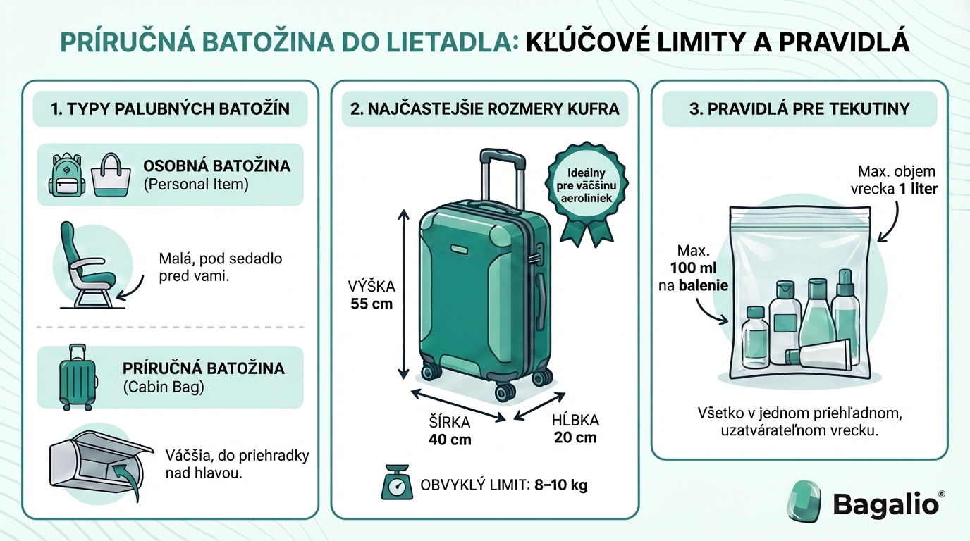 Infografika: Rozmery príručnej batožiny a pravidlá pre tekutiny v lietadle.
